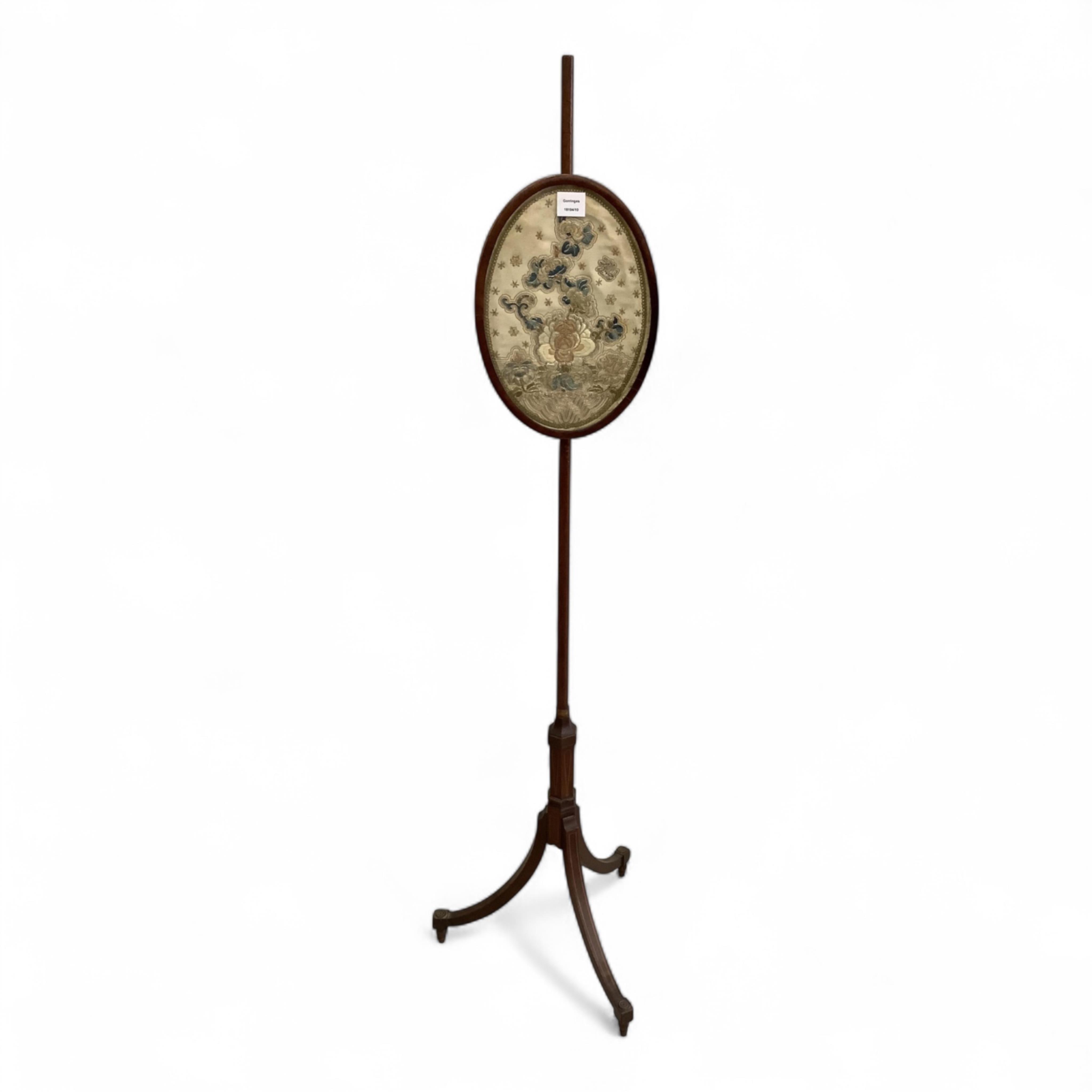 An early 19th mahogany pole screen, the banner inset with Chinese silk embroidery, height 163cm